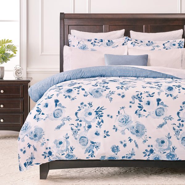 Blue Rose Reversible Stripe Duvet Cover Set