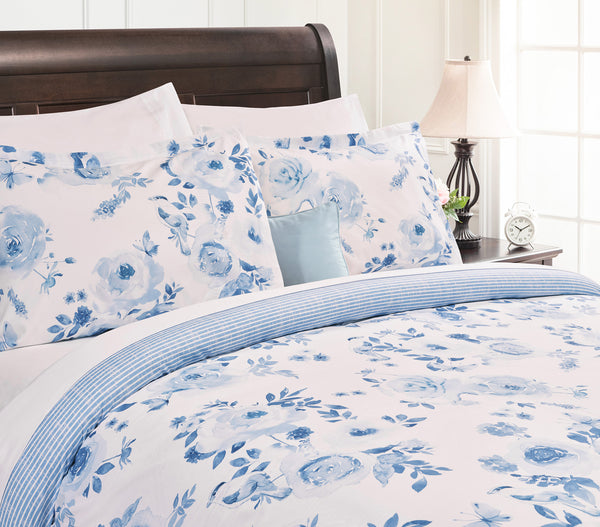 Blue Rose Reversible Stripe Duvet Cover Set