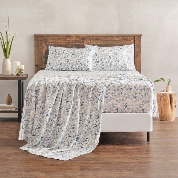 Elegant Cotton 100% Organic Cotton Blue Botanical Leaves Print Sheet Set