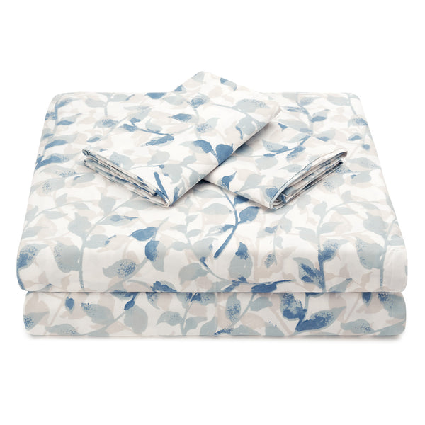 Elegant Cotton 100% Organic Cotton Blue Botanical Leaves Print Sheet Set