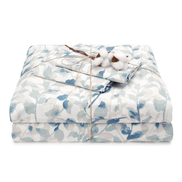 Elegant Cotton 100% Organic Cotton Blue Botanical Leaves Print Sheet Set