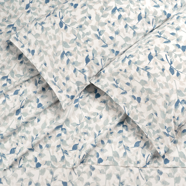 Elegant Cotton 100% Organic Cotton Blue Botanical Leaves Print Sheet Set