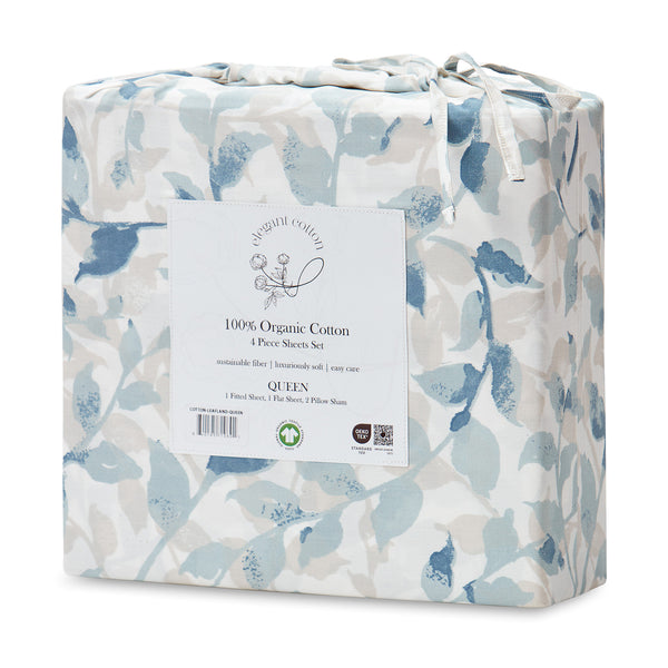 Elegant Cotton 100% Organic Cotton Blue Botanical Leaves Print Sheet Set