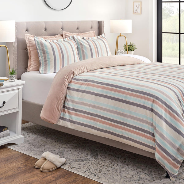 5-Piece Pastel Stripe Reversible Velvet Duvet Cover Set